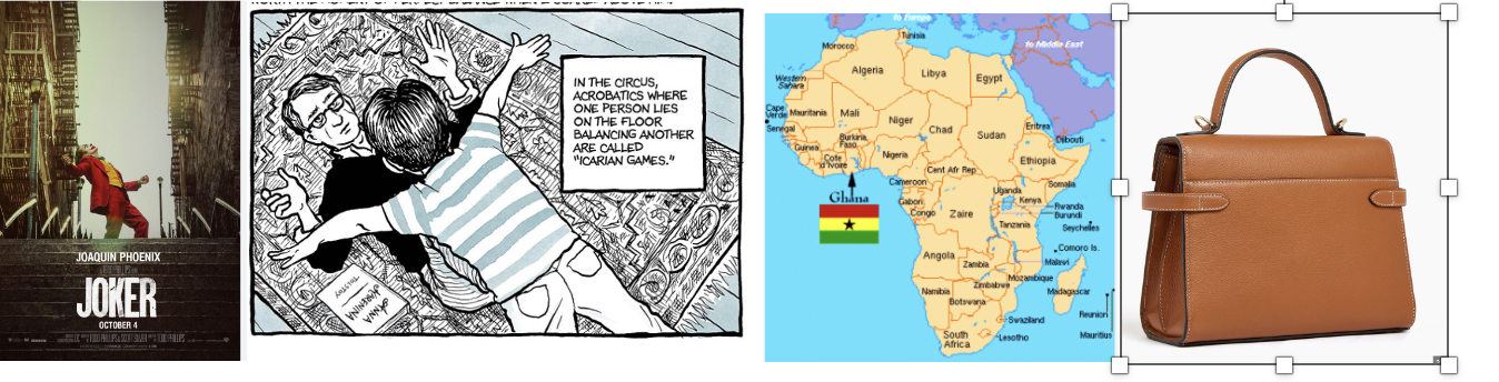 A movie poster for "Joker," a cartoon of a child and her father playing, a map of Africa featuring Ghana, a brown leather handbag