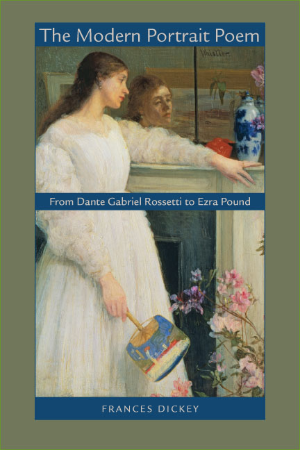 Cover of The Modern Portrait poem (book); painting by J. M. WHistler showing woman in white dress looking at her reflection in mirror